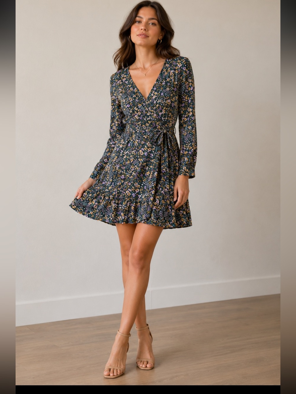 Gilly floral print faux wrap mini dress size small teal purple yellow